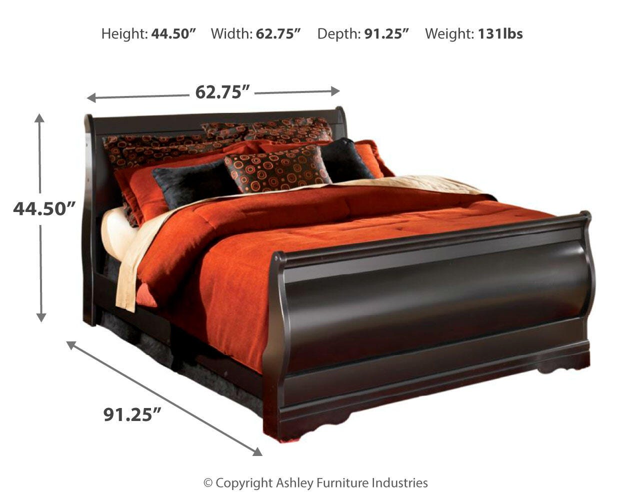 Huey Black Vineyard Sleigh Bedroom Set dimension view