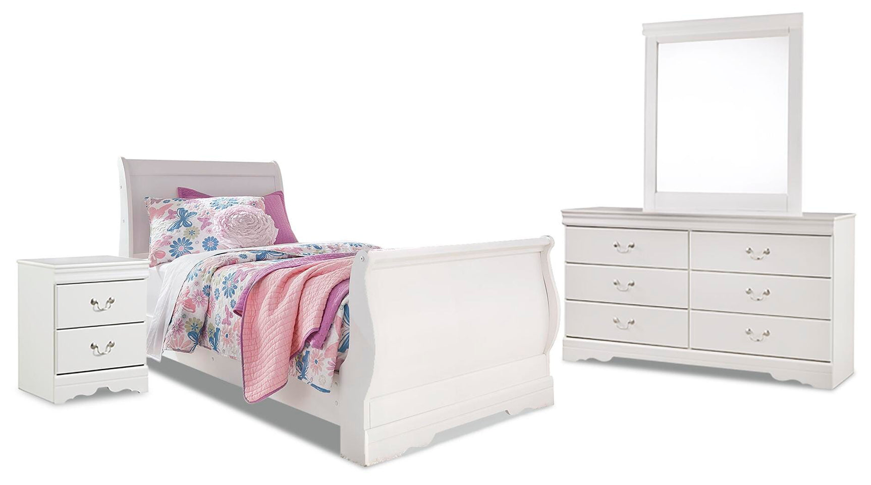 Anarasia White Sleigh Bedroom Set Twin 4: Bed, Dresser, Mirror, NightStand from Ella Furniture