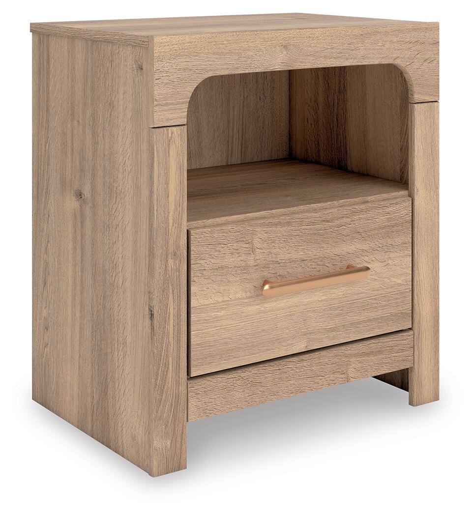 Kinlanni Tan Upholstered Panel Bedroom Set angled view