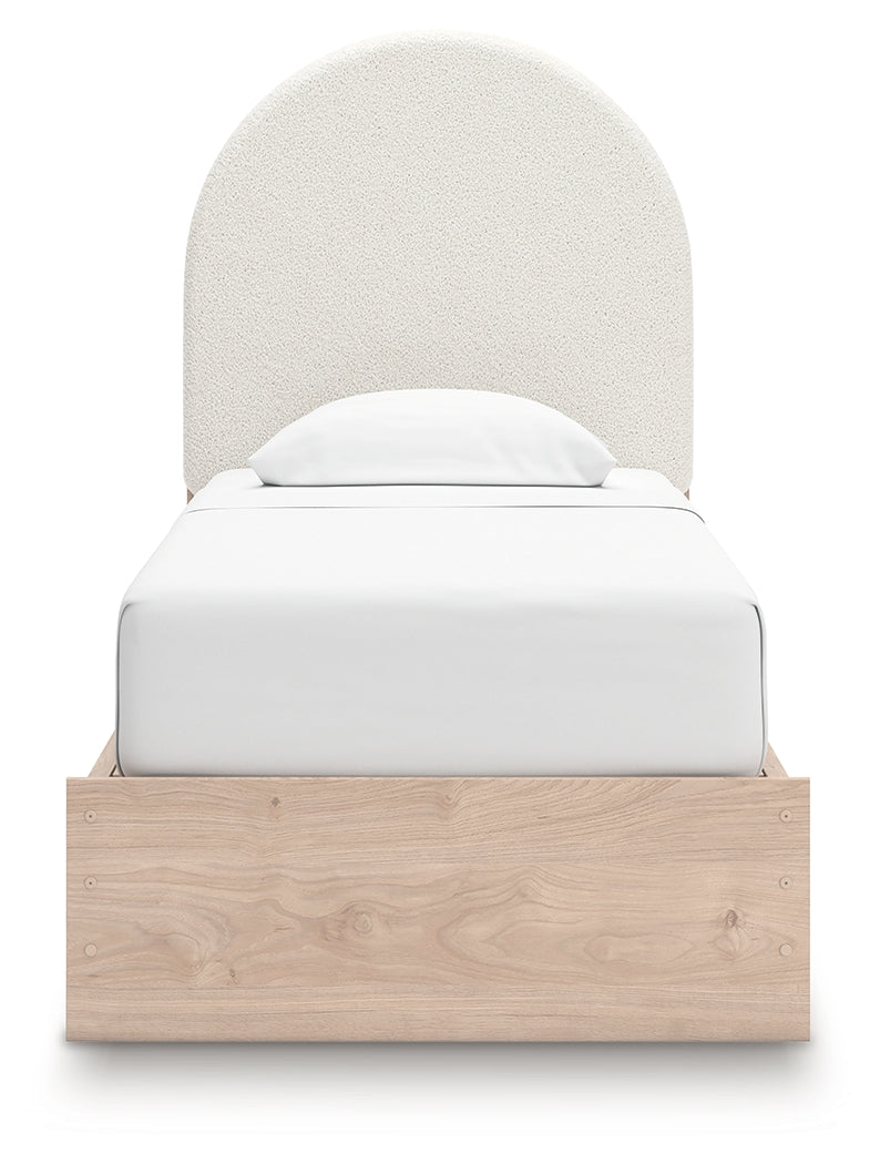 Shapella Tan/White Twin Upholstered Panel Bed with Storage