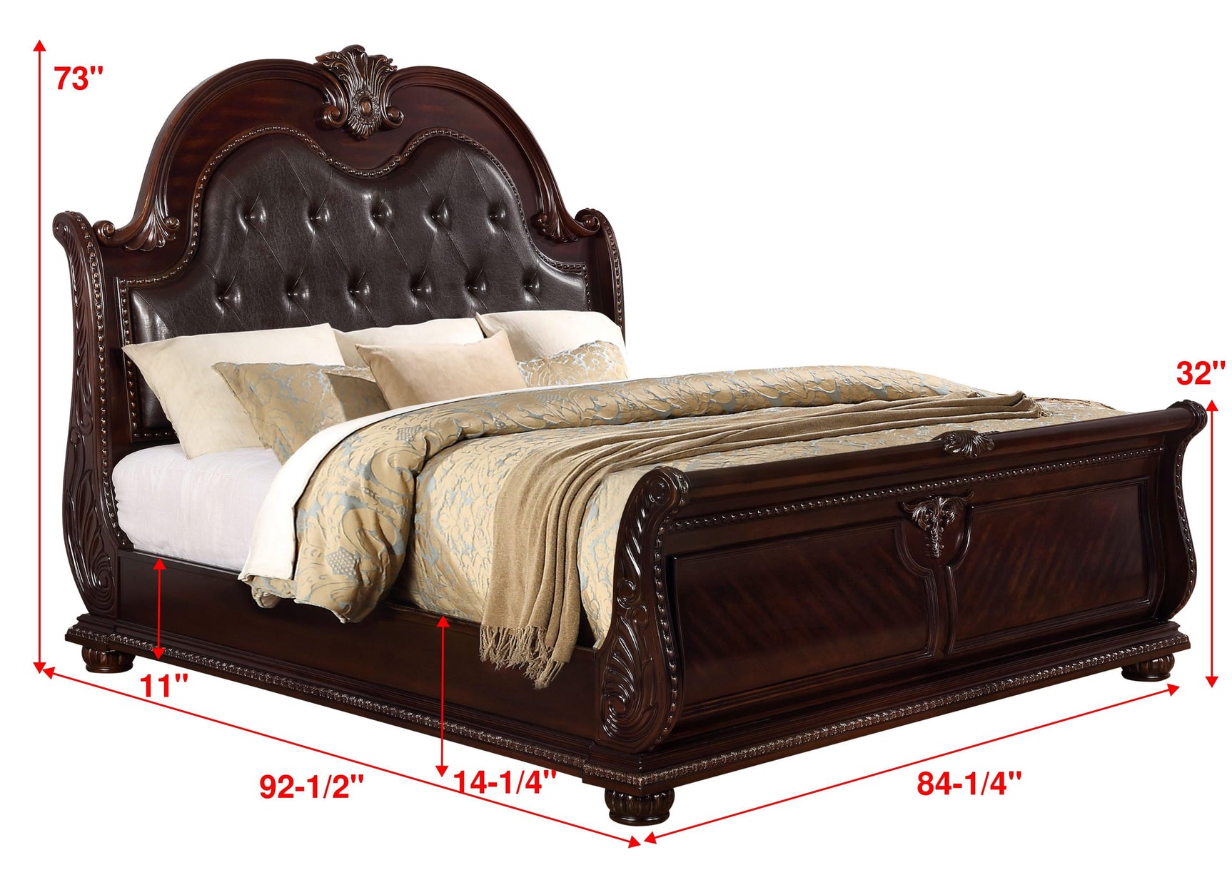 Stanley Cherry Brown Finish Modern Wood King Faux Leather Upholstered Tufted Sleigh Bed - Ella Furniture