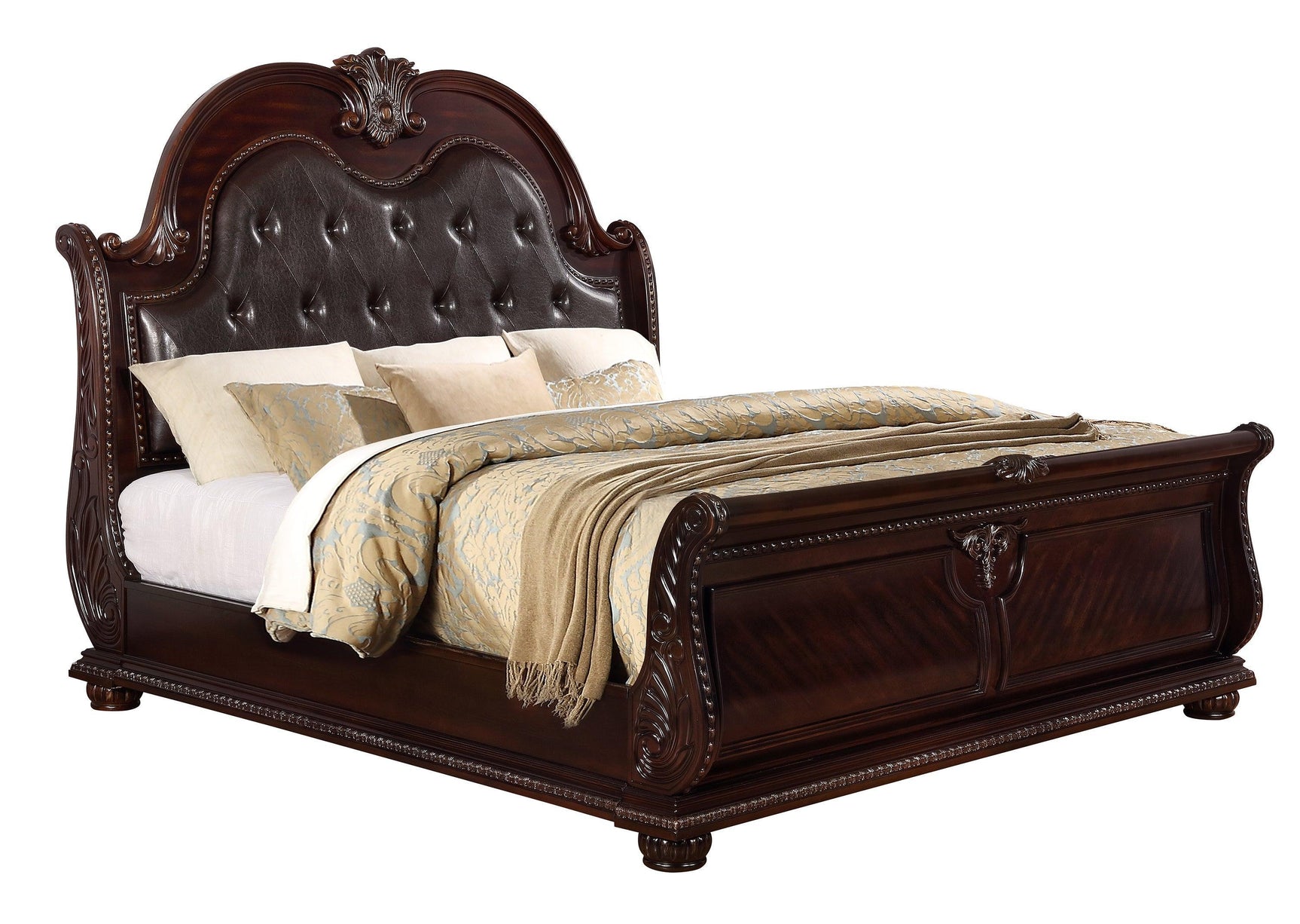Stanley Cherry Brown Traditional Fabric Upholstered Tufted Sleigh Bedroom Set - Ella Furniture