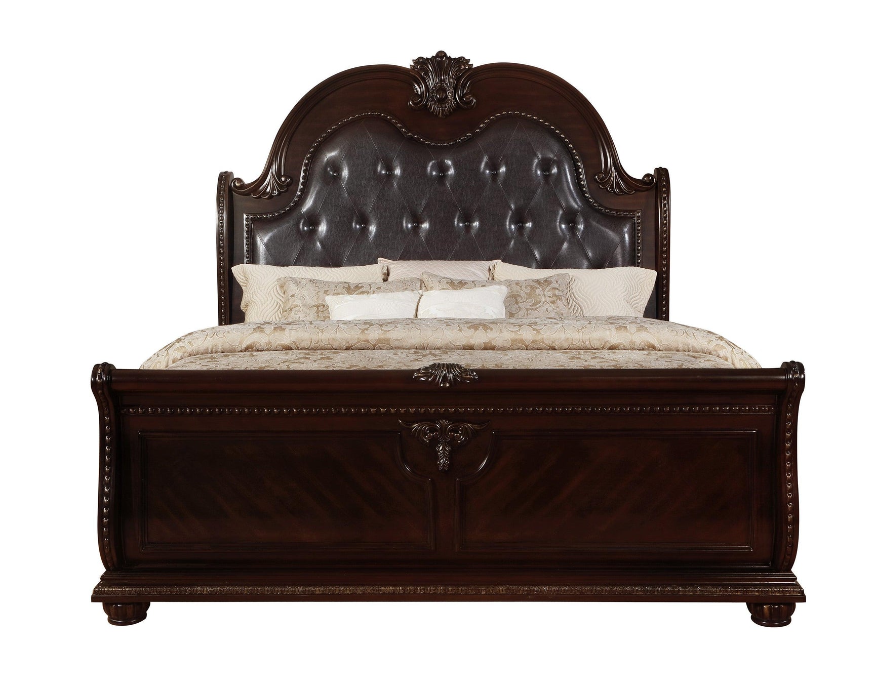 Stanley Cherry Brown Finish Modern Wood King Faux Leather Upholstered Tufted Sleigh Bed - Ella Furniture