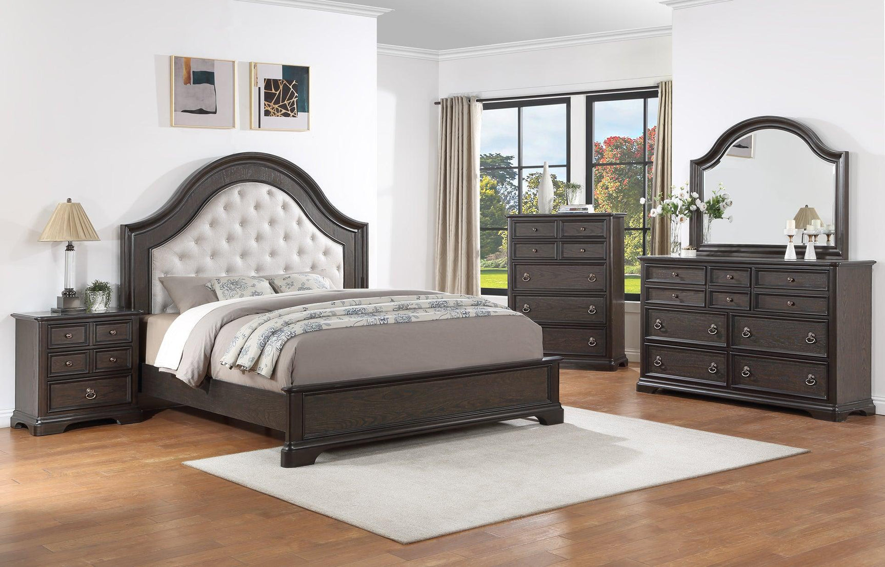 Duke Brown Finish Modern Wood Fabric Upholstered Tufted King Panel Bed - Ella Furniture