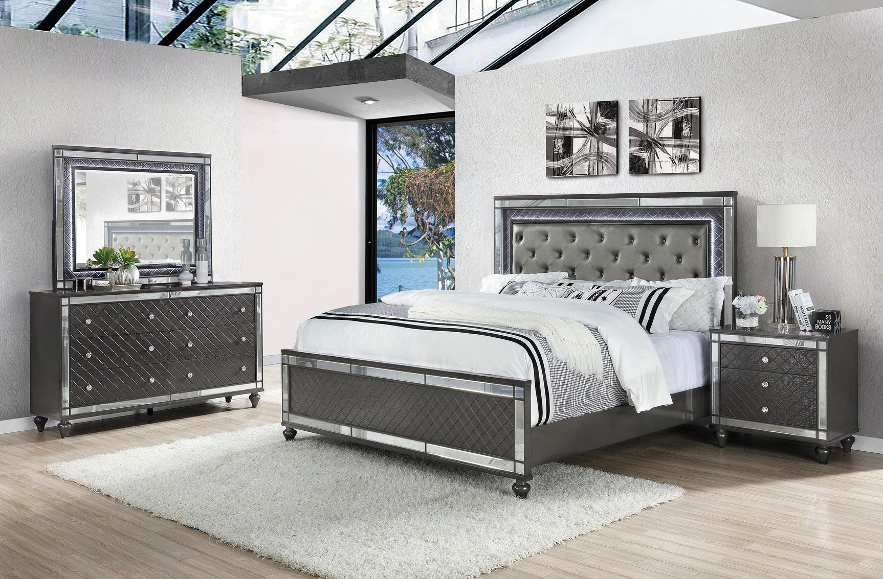Refino Gray Sleek And Modern Queen LED Faux Leather Upholstered Tufted Panel Bed - Ella Furniture