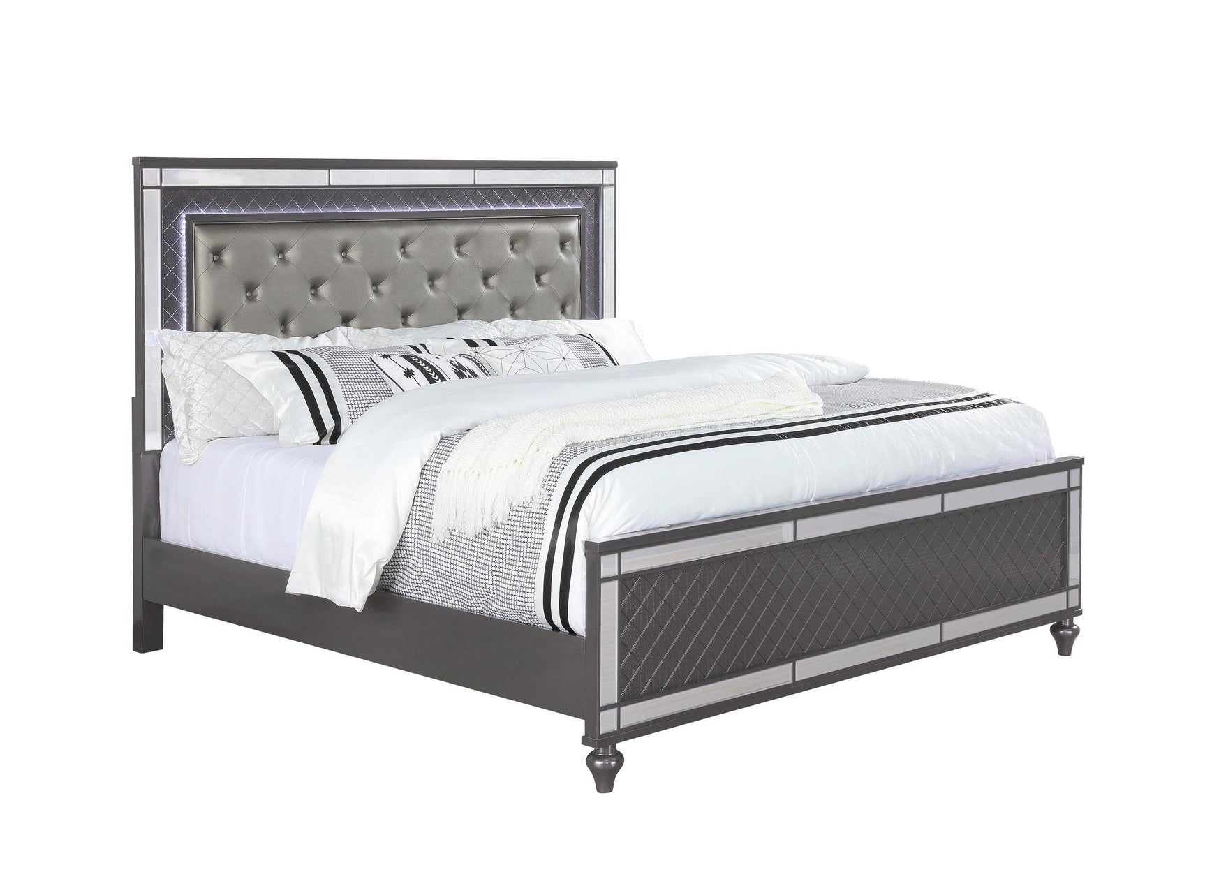 Refino Gray LED Modern Sleek Fabric Upholstered Tufted Panel Bedroom Set - Ella Furniture