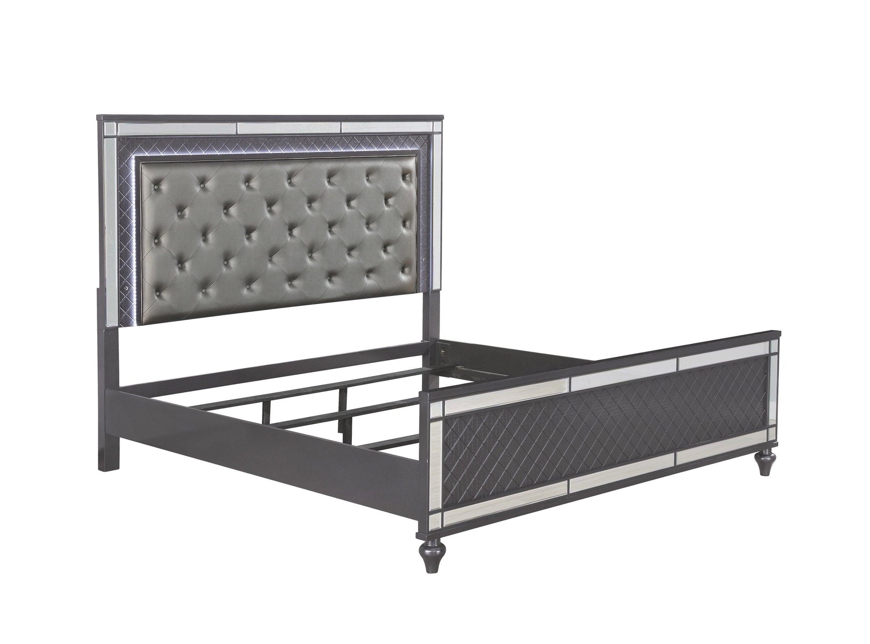 Refino Gray Stunning And Modern King LED Faux Leather Upholstered Tufted Panel Bed - Ella Furniture
