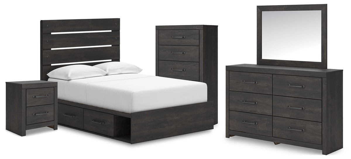 Hollivern Dark Gray Panel Bedroom Set — 4-Drawer Under-Bed Storage — Full / 5: Bed, Dresser, Mirror, Nightstand, Chest