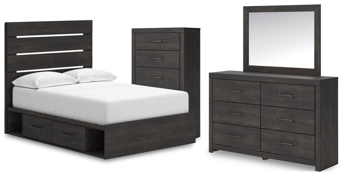 Hollivern Dark Gray Panel Bedroom Set — 4-Drawer Under-Bed Storage — Full / 4: Bed, Dresser, Mirror, Chest