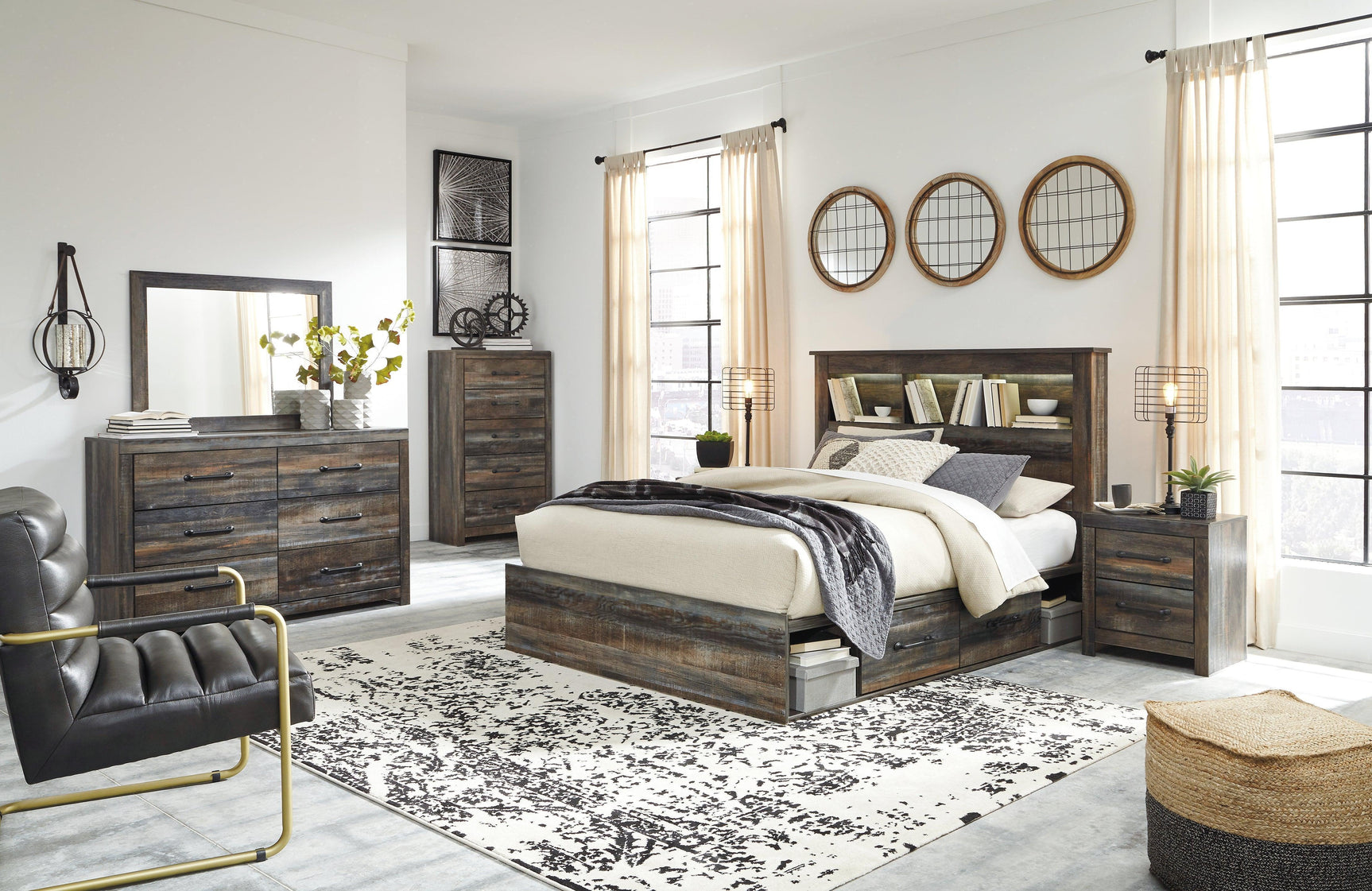 Drystan Multi Queen Bookcase Bed with Storage Drawers and LED Lighting