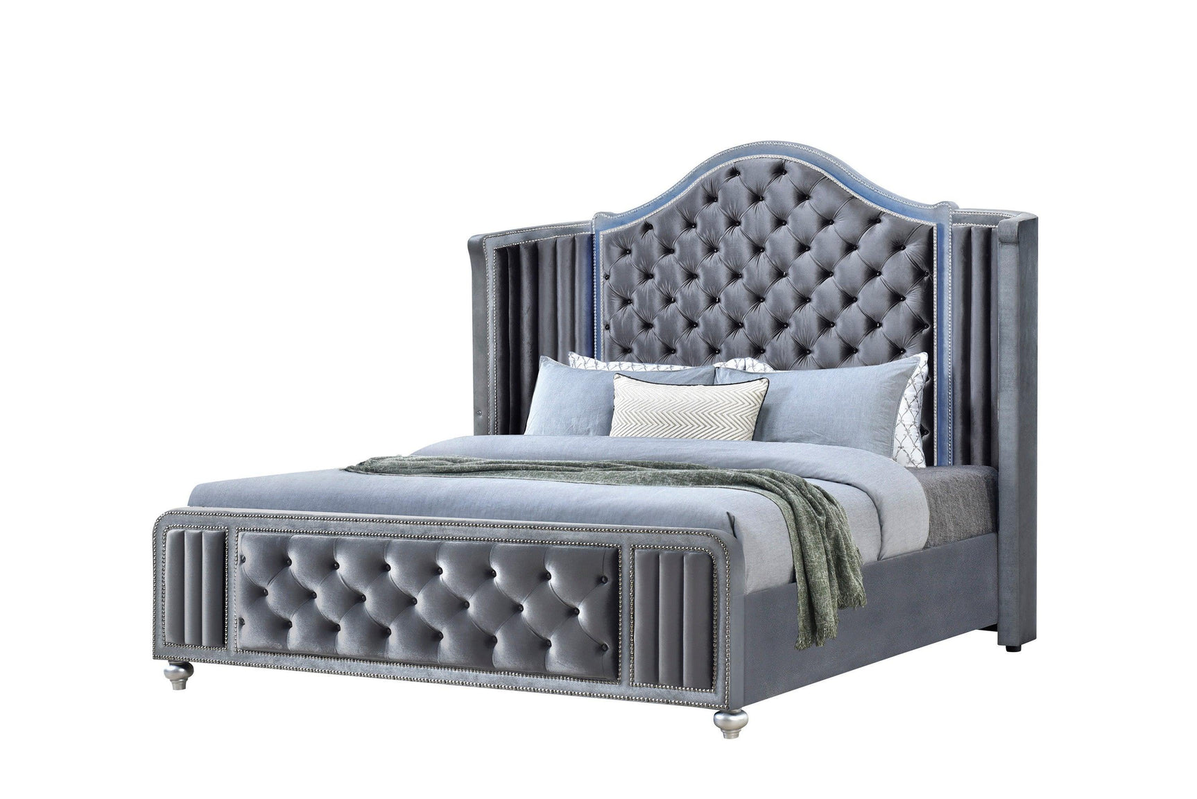 Cameo Gray Modern Contemporary Solid Wood Velvet Upholstered Tufted Panel Bedroom Set - Ella Furniture