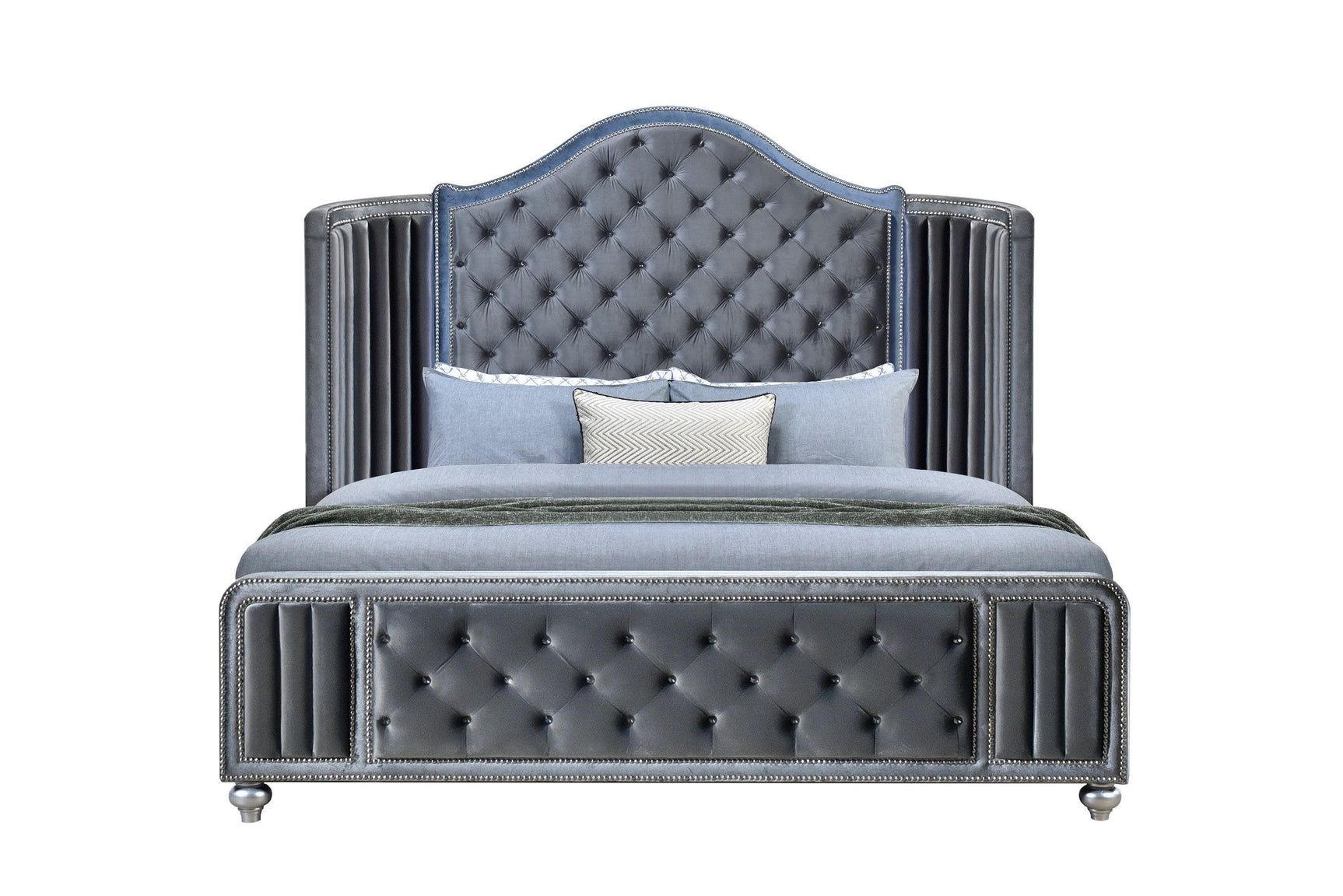 Cameo Gray Modern Contemporary Solid Wood Velvet Upholstered Tufted Panel Bedroom Set - Ella Furniture