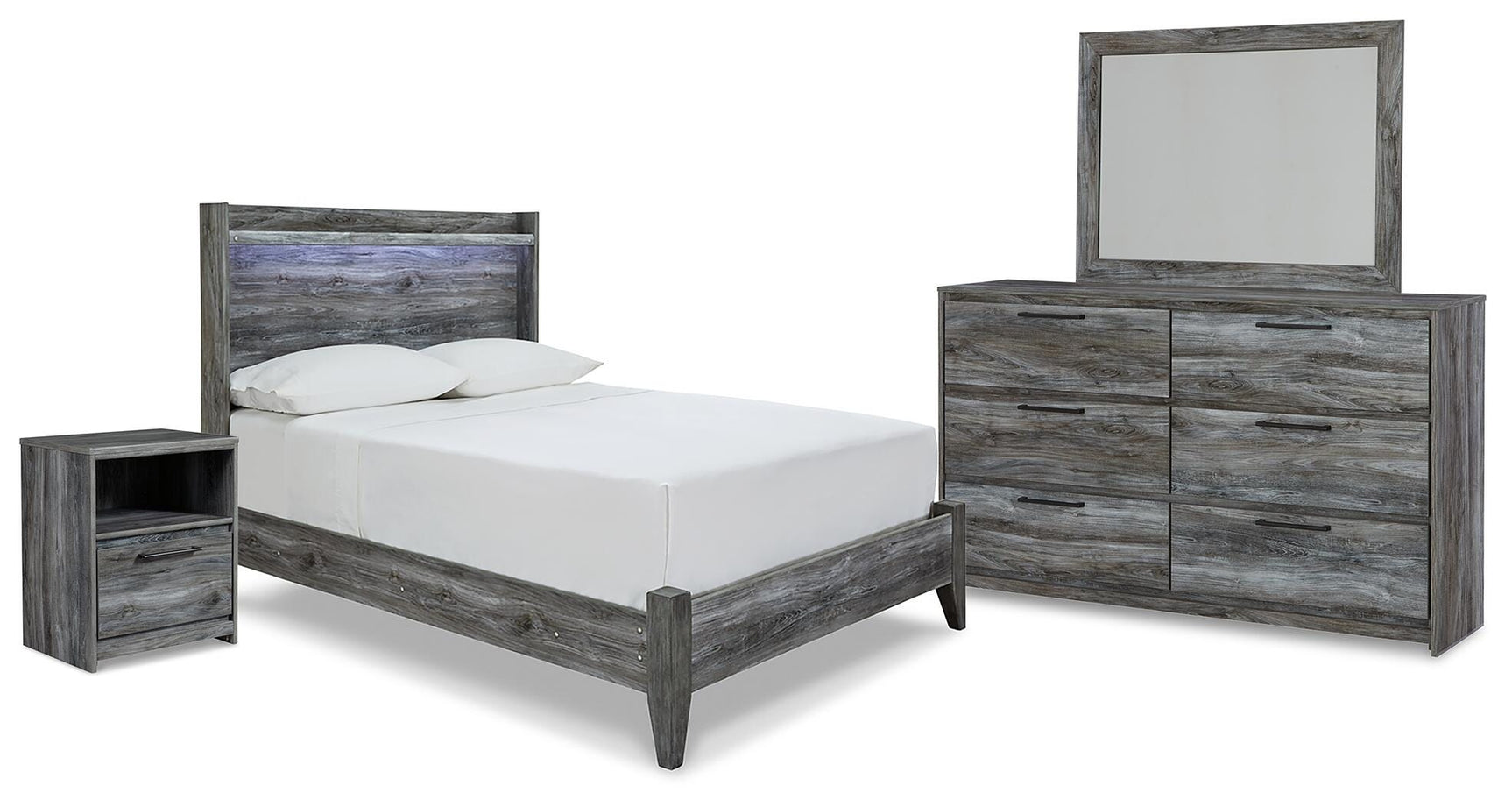 Baystorm Gray Panel Bedroom Set Full 4: Bed, Dresser, Mirror, NightStand from Ella Furniture