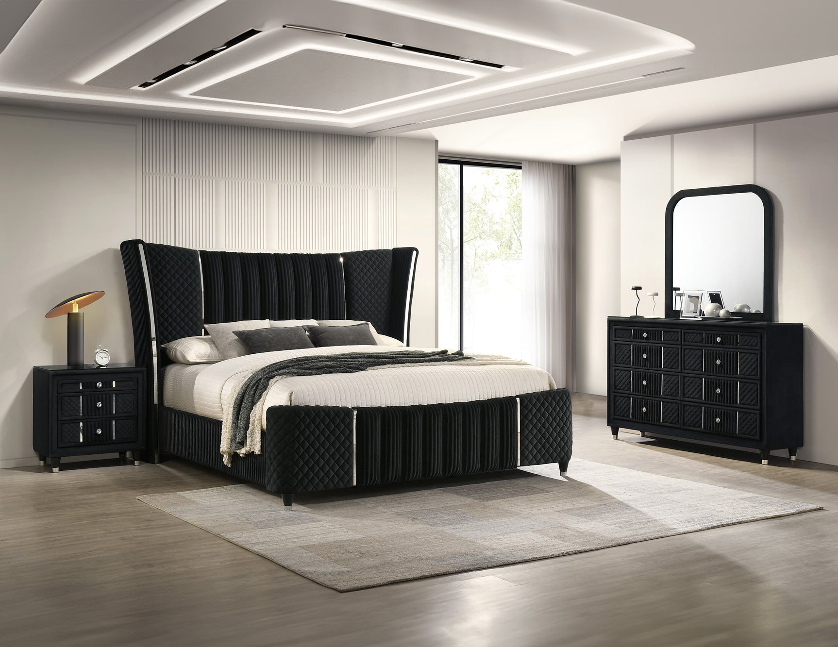 Armany Black Upholstered Wingback Panel Bedroom Set