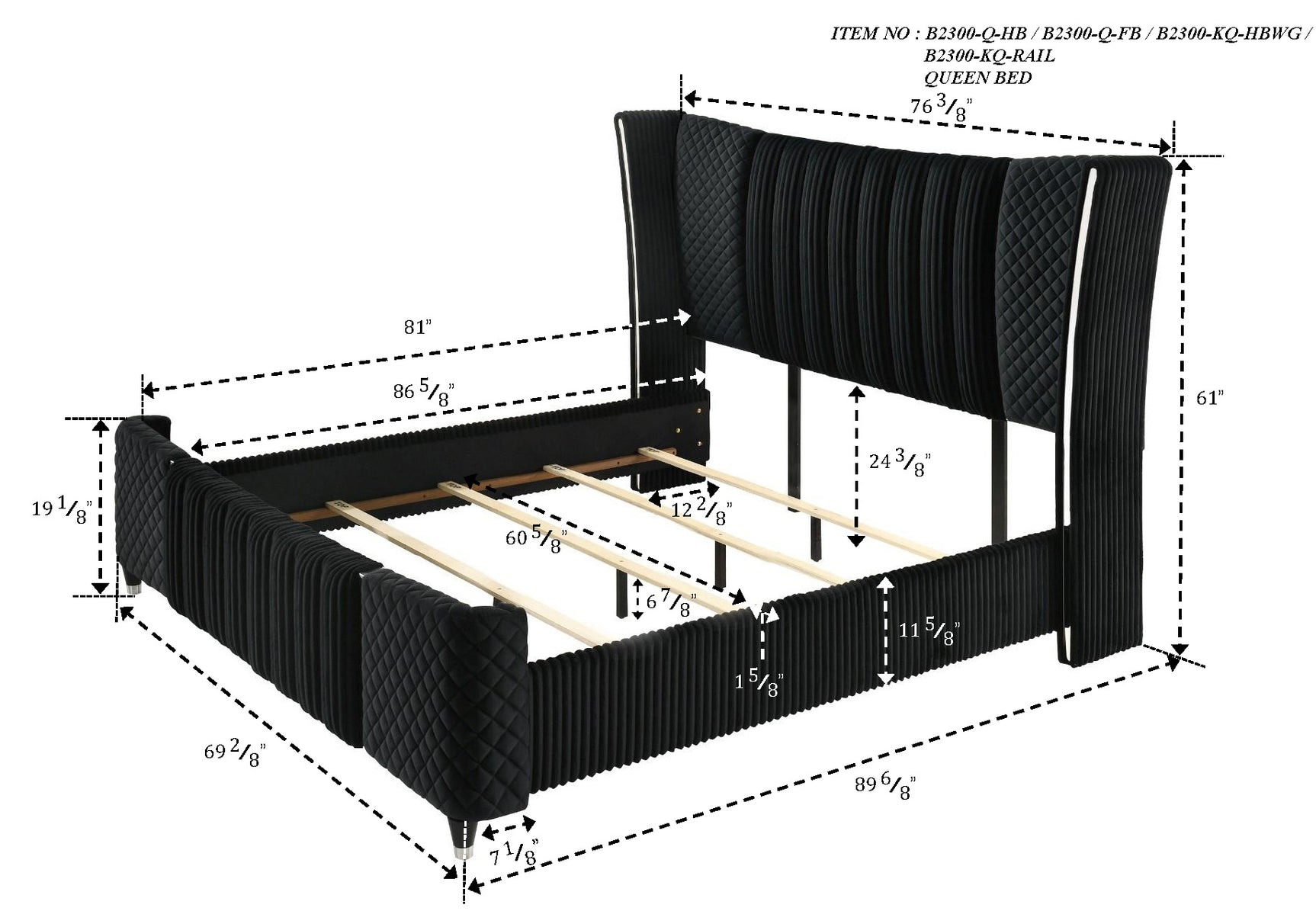 Armany Black Upholstered Wingback Panel Bedroom Set