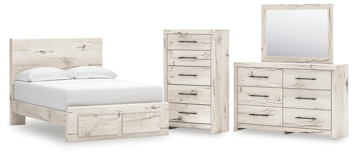 Lawroy Light Natural Panel Bedroom Set — 2-Drawer Footboard Storage — Full / 4: Bed, Dresser, Mirror, Chest