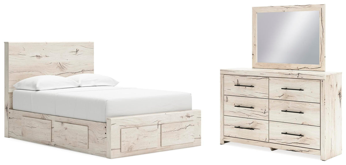 Lawroy Light Natural Panel Bedroom Set — 6-Drawer Footboard and Under-Bed Storage — Full / 3: Bed, Dresser, Mirror