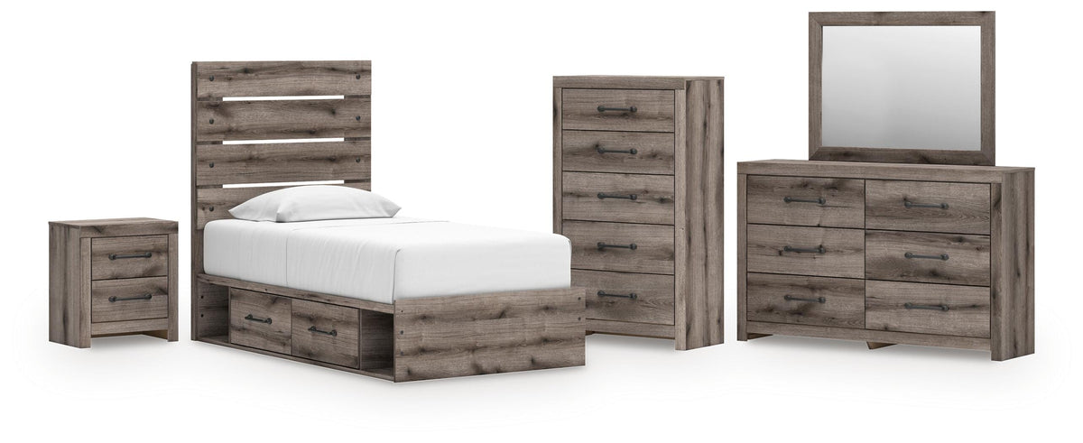 Graystorm Brown Gray Panel Bedroom Set — 4-Drawer Under-Bed Storage — Twin / 5: Bed, Dresser, Mirror, Nightstand, Chest
