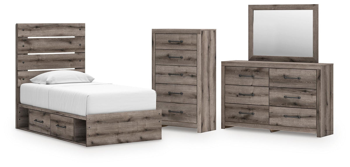 Graystorm Brown Gray Panel Bedroom Set — 4-Drawer Under-Bed Storage — Twin / 4: Bed, Dresser, Mirror, Chest