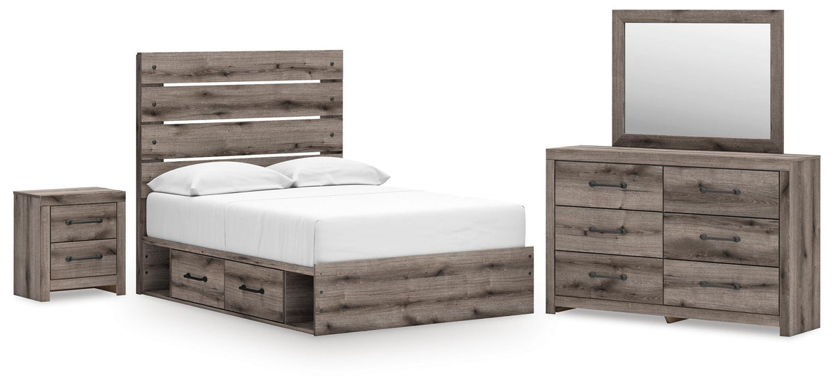 Graystorm Brown Gray Panel Bedroom Set — 4-Drawer Under-Bed Storage — Full / 4: Bed, Dresser, Mirror, Nightstand