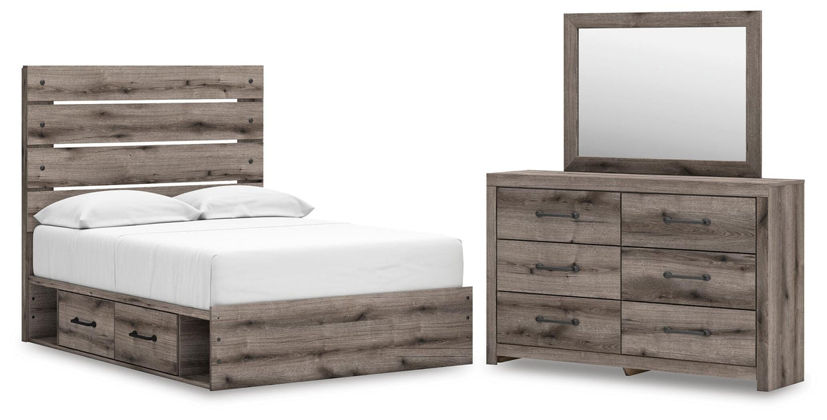 Graystorm Brown Gray Panel Bedroom Set — 4-Drawer Under-Bed Storage — Full / 3: Bed, Dresser, Mirror