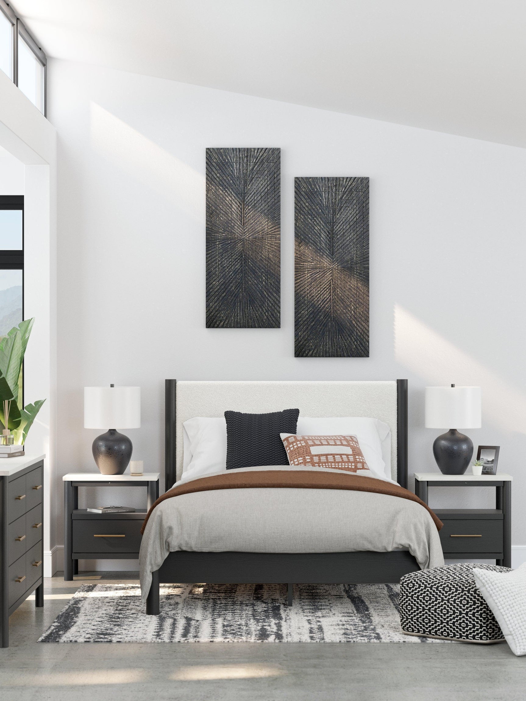 Cadmori Black White Queen Upholstered Panel Bed