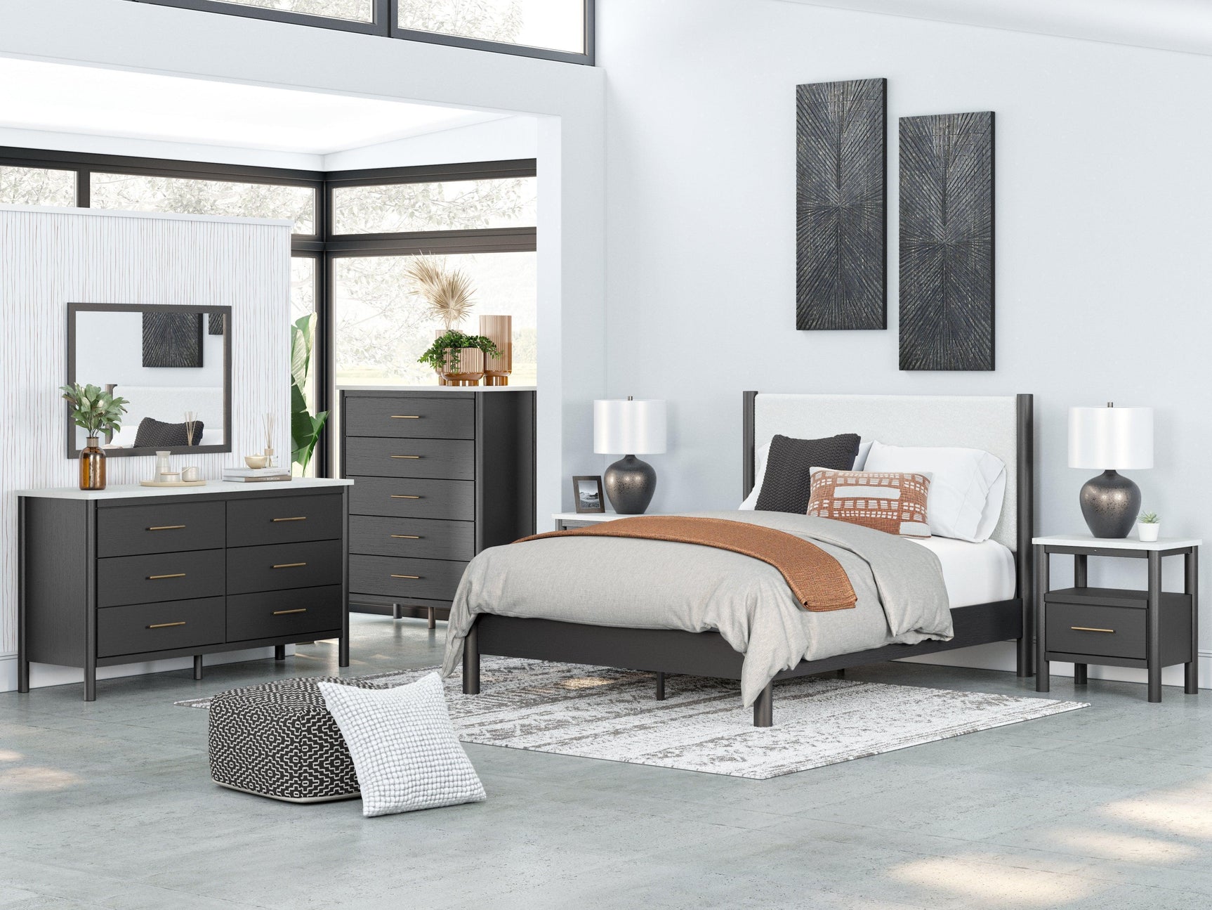 Cadmori Black White Queen Upholstered Panel Bed