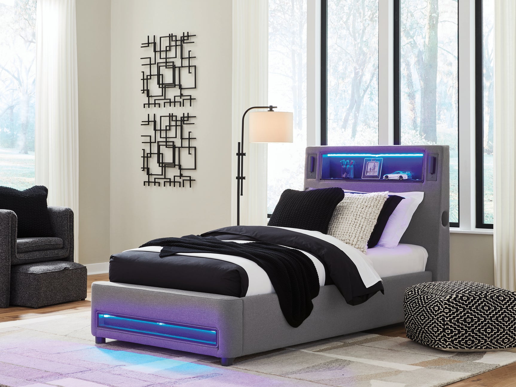Verishaw Gray Twin Upholstered Bed with Wireless Audio