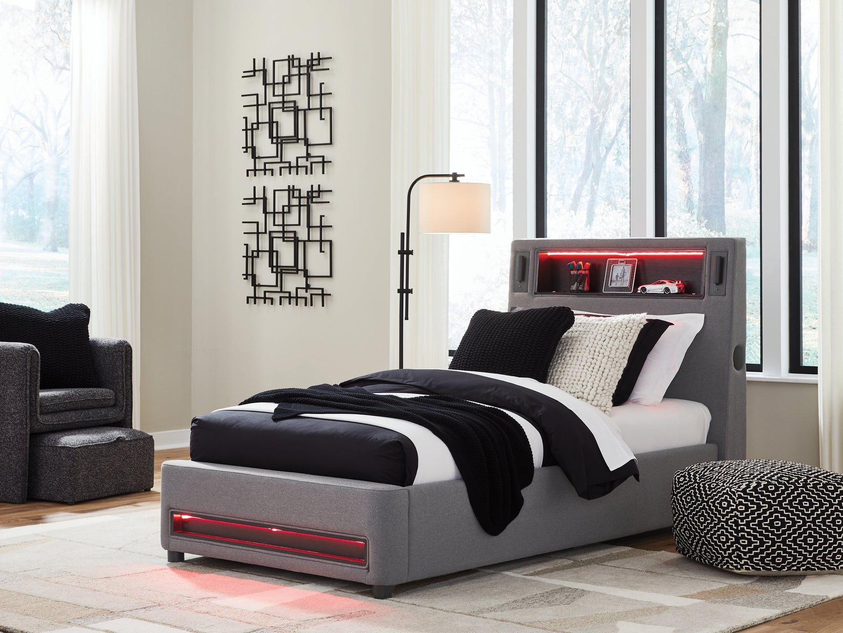 Verishaw Gray Twin Upholstered Bed with Wireless Audio