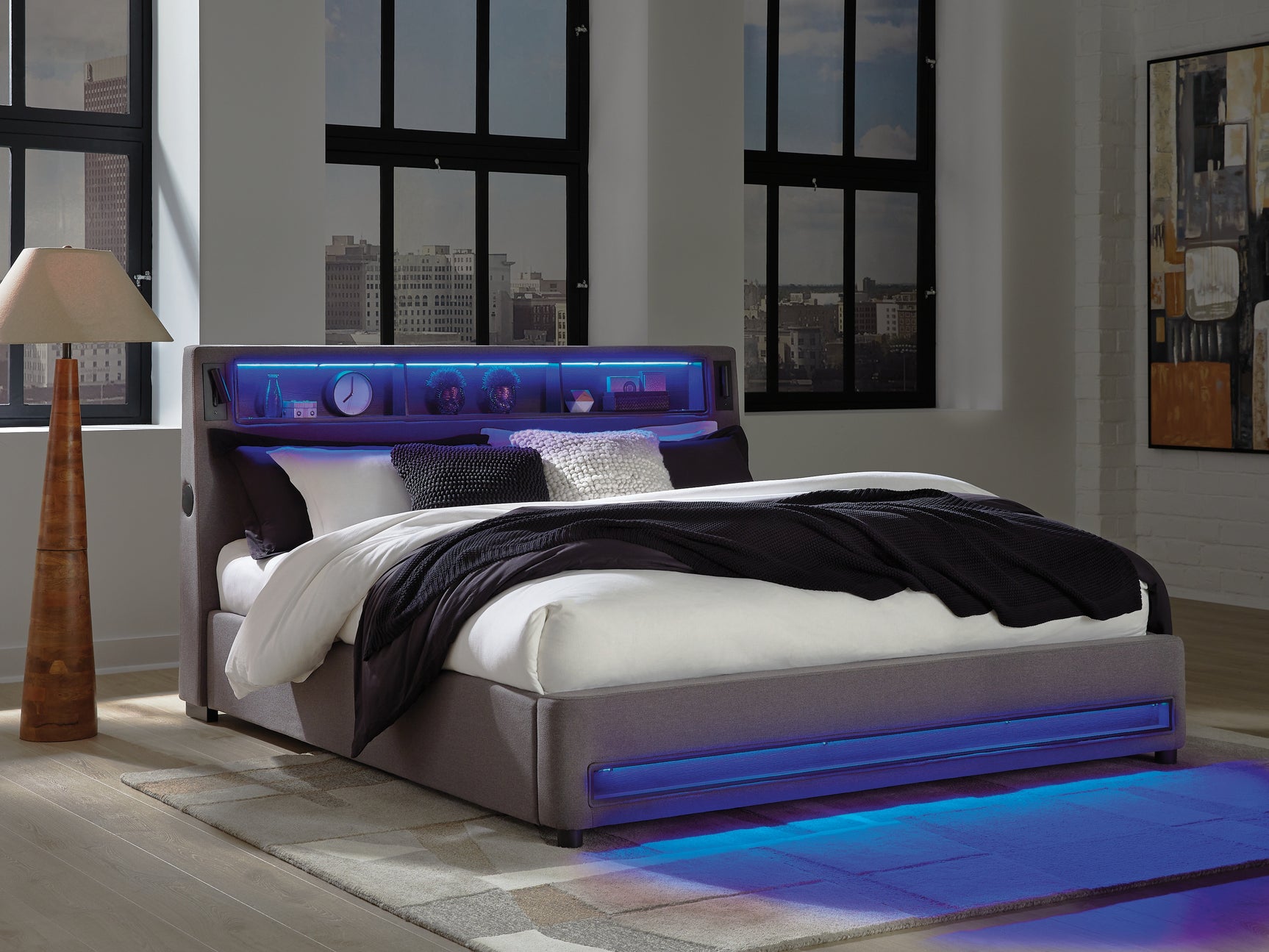 Verishaw Gray King Upholstered Bed with Wireless Audio