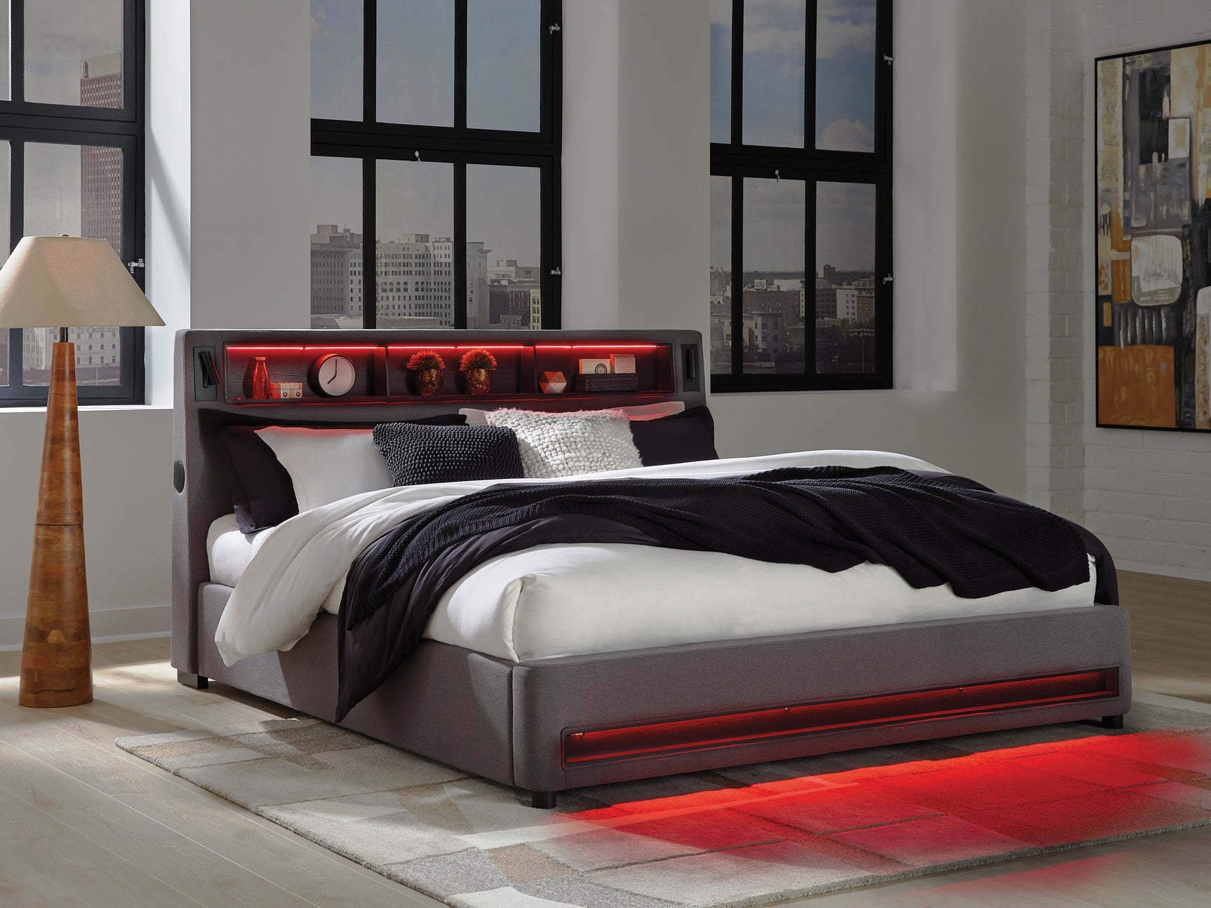 Verishaw Gray King Upholstered Bed with Wireless Audio