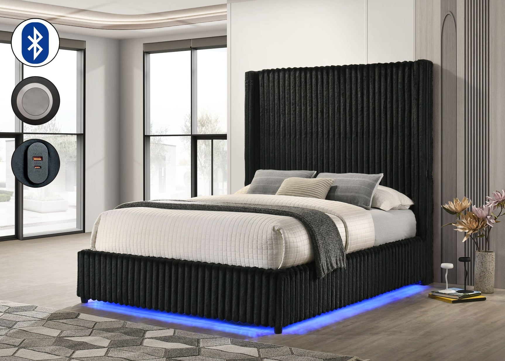 Melinda Black Upholstered LED Panel King Bed