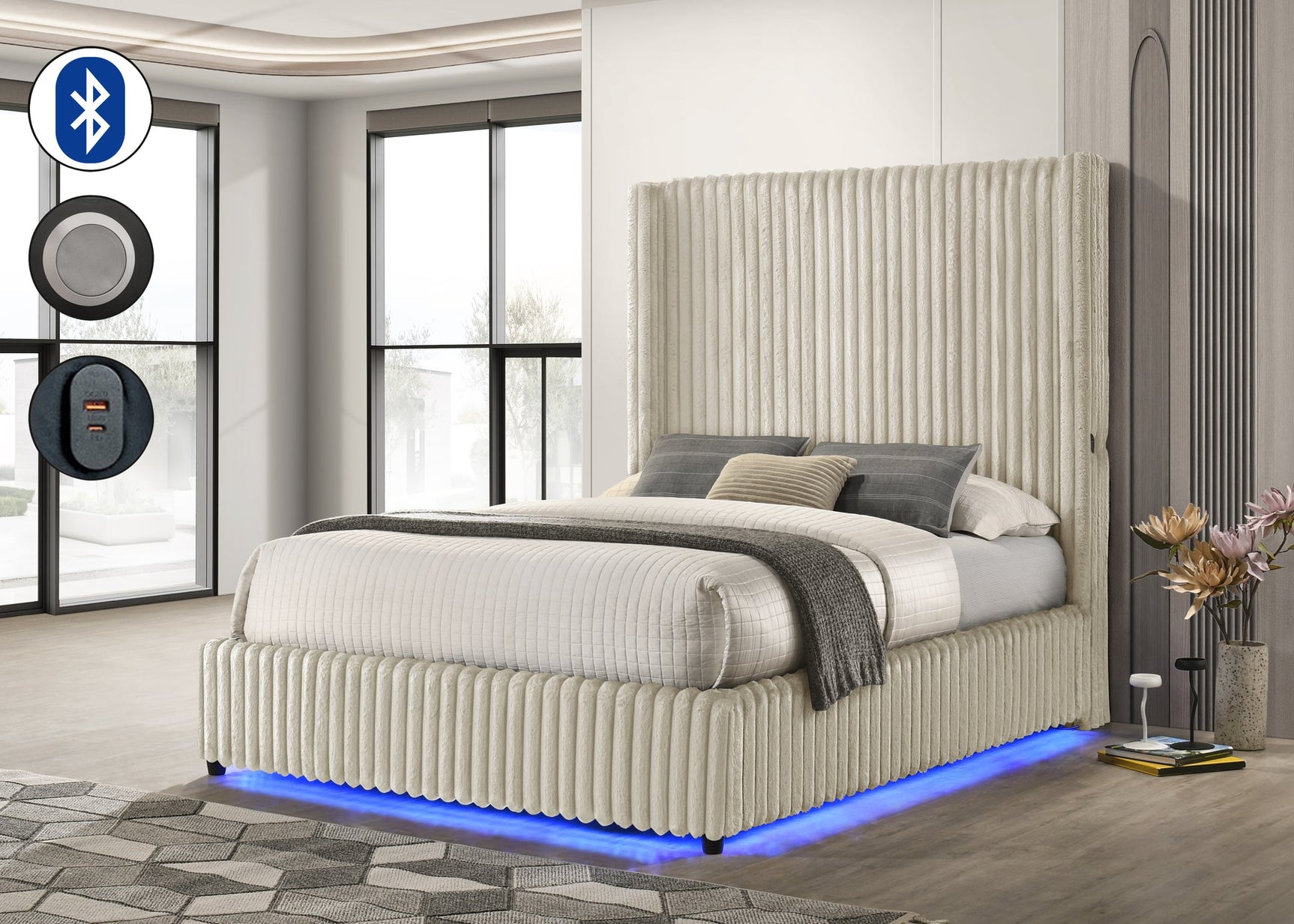 Melinda Cream Upholstered LED Panel Queen Bed