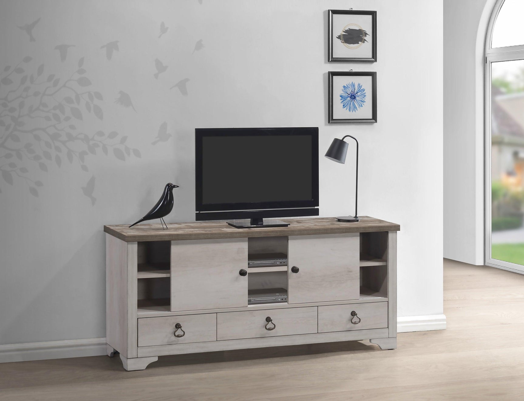Patterson Driftwood Media Ches, Media Storage Cabinet, Hardwood Solids And Veneers, Console with Built-in Charging Station - Ella Furniture