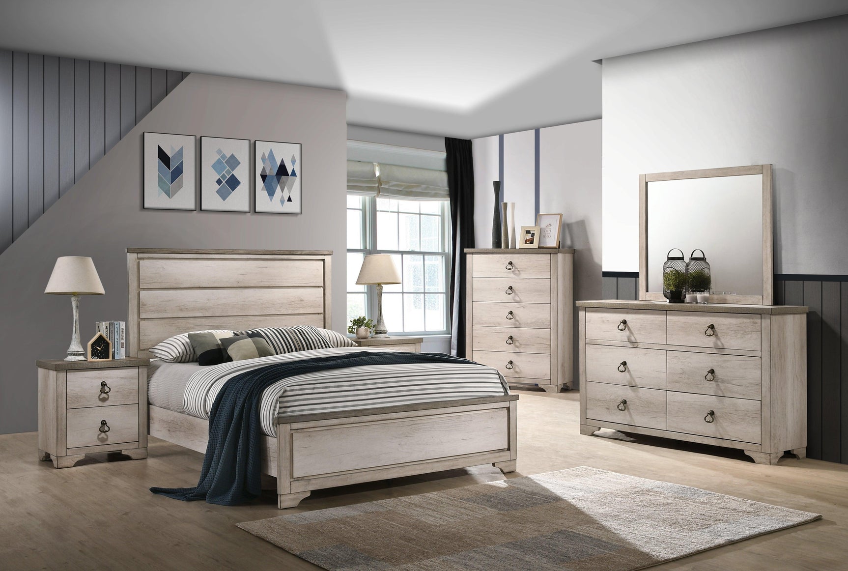 Patterson Driftwood Finish Solid Pine Wood Modern Rustic And Charm Queen Panel Bed - Ella Furniture