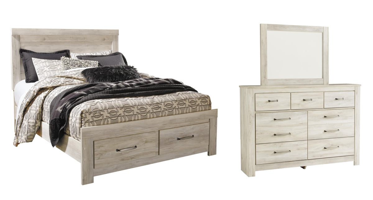 Bellaby Whitewash Platform Bedroom Set — 2-Drawer Footboard Storage — Queen / 3: Bed, Dresser, Mirror