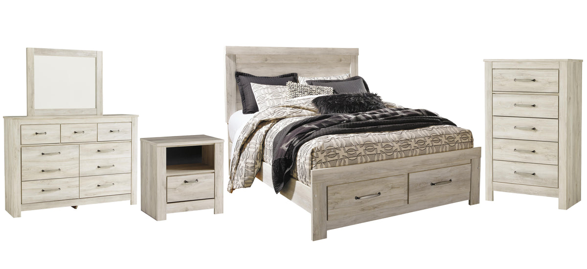 Bellaby Whitewash Platform Bedroom Set — 2-Drawer Footboard Storage — Queen / 5: Bed, Dresser, Mirror, Nightstand, Chest