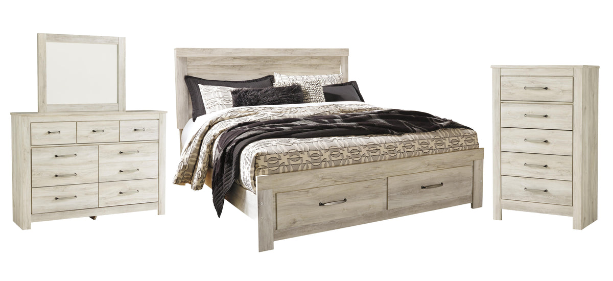 Bellaby Whitewash Platform Bedroom Set — 2-Drawer Footboard Storage — King / 4: Bed, Dresser, Mirror, Chest