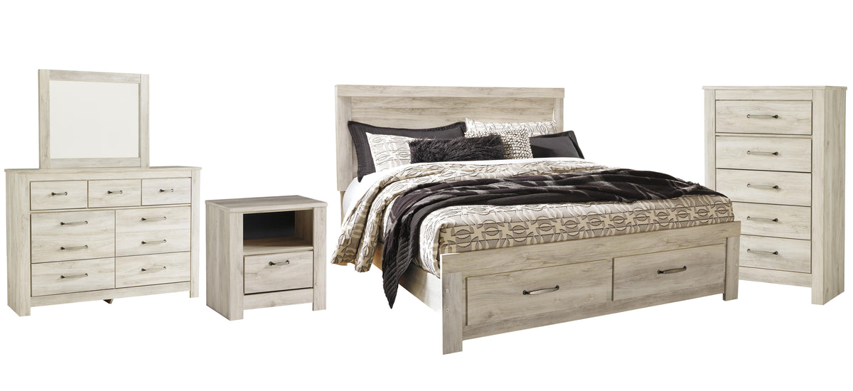 Bellaby Whitewash Platform Bedroom Set — 2-Drawer Footboard Storage — King / 5: Bed, Dresser, Mirror, Nightstand, Chest