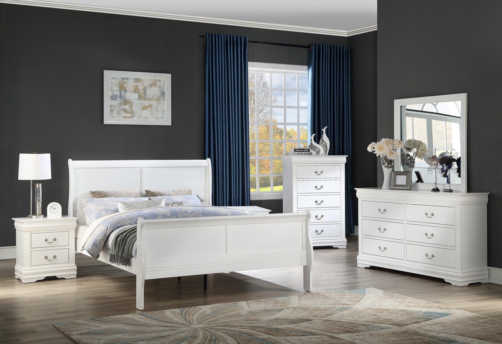 Louis Philip Chest White, Sleek And Modern Wood And Veneers, Pewter Bail 5 Drawers - Ella Furniture