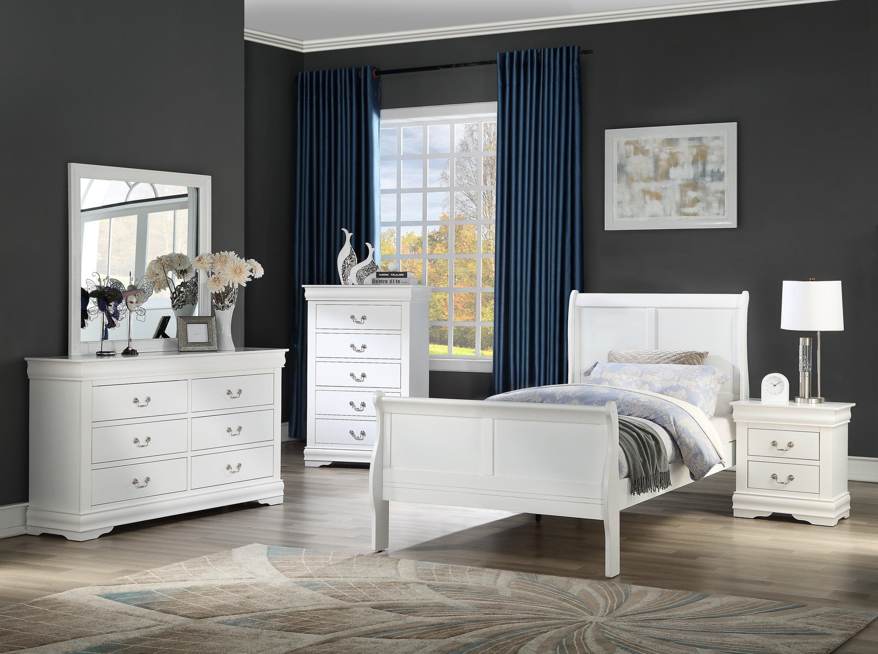 Louis Philip White Classic And Modern, Solid Hardwood Sleigh Bedroom Set - Ella Furniture