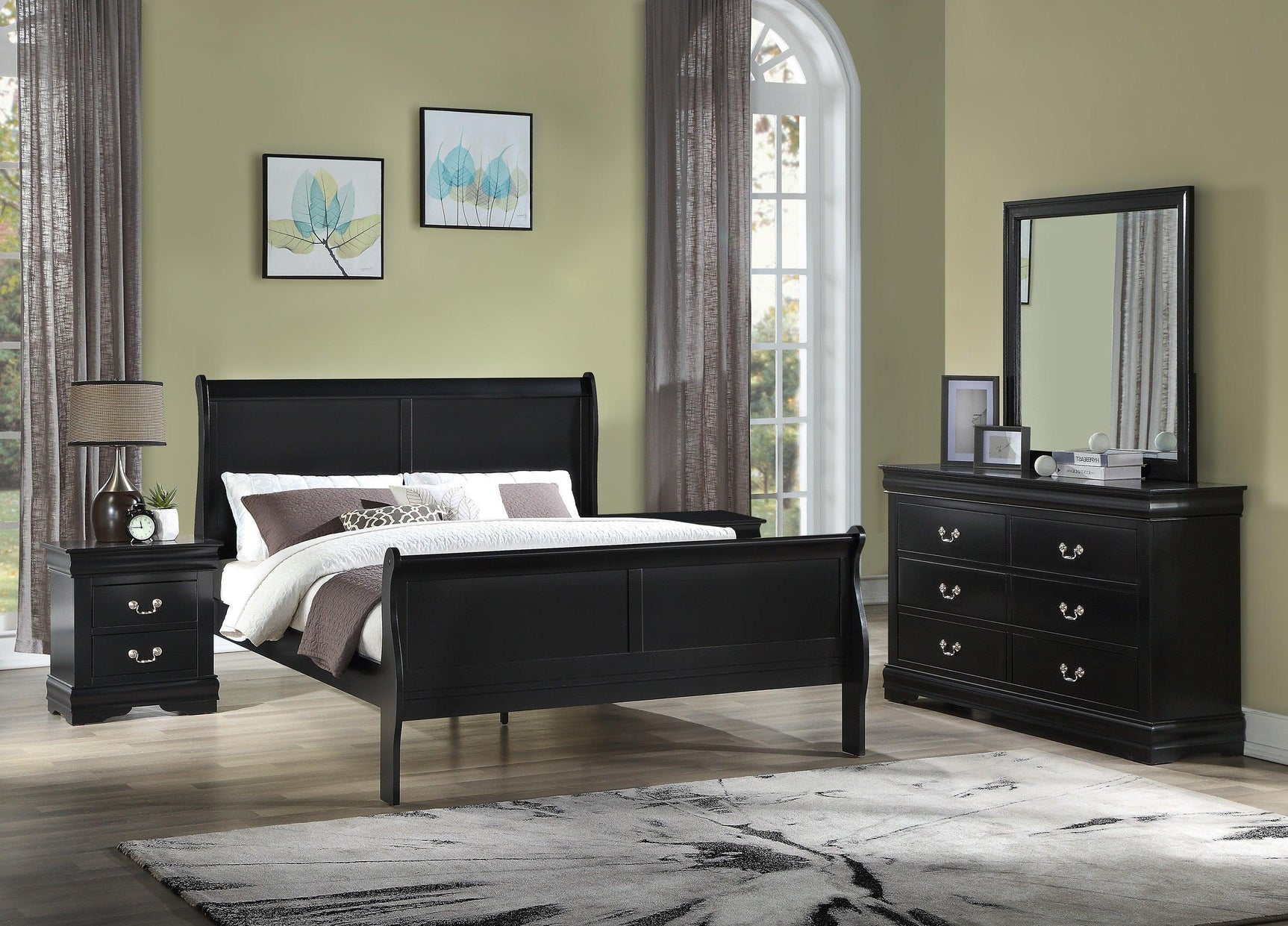Louis Philip Black Classic And Modern Wood Queen Sleigh Bed - Ella Furniture