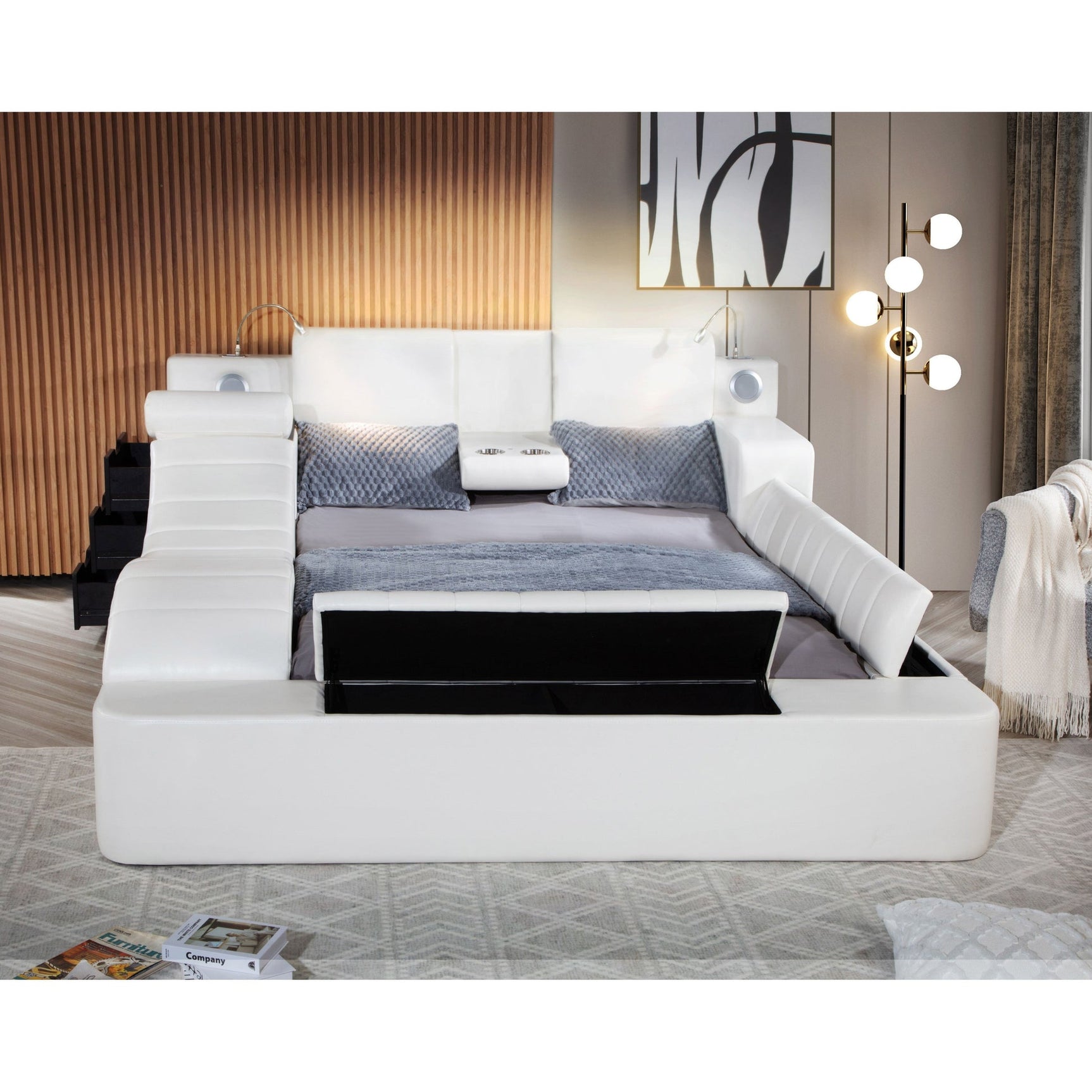 Apollo White Upholstered LED Storage Platform Queen Bed