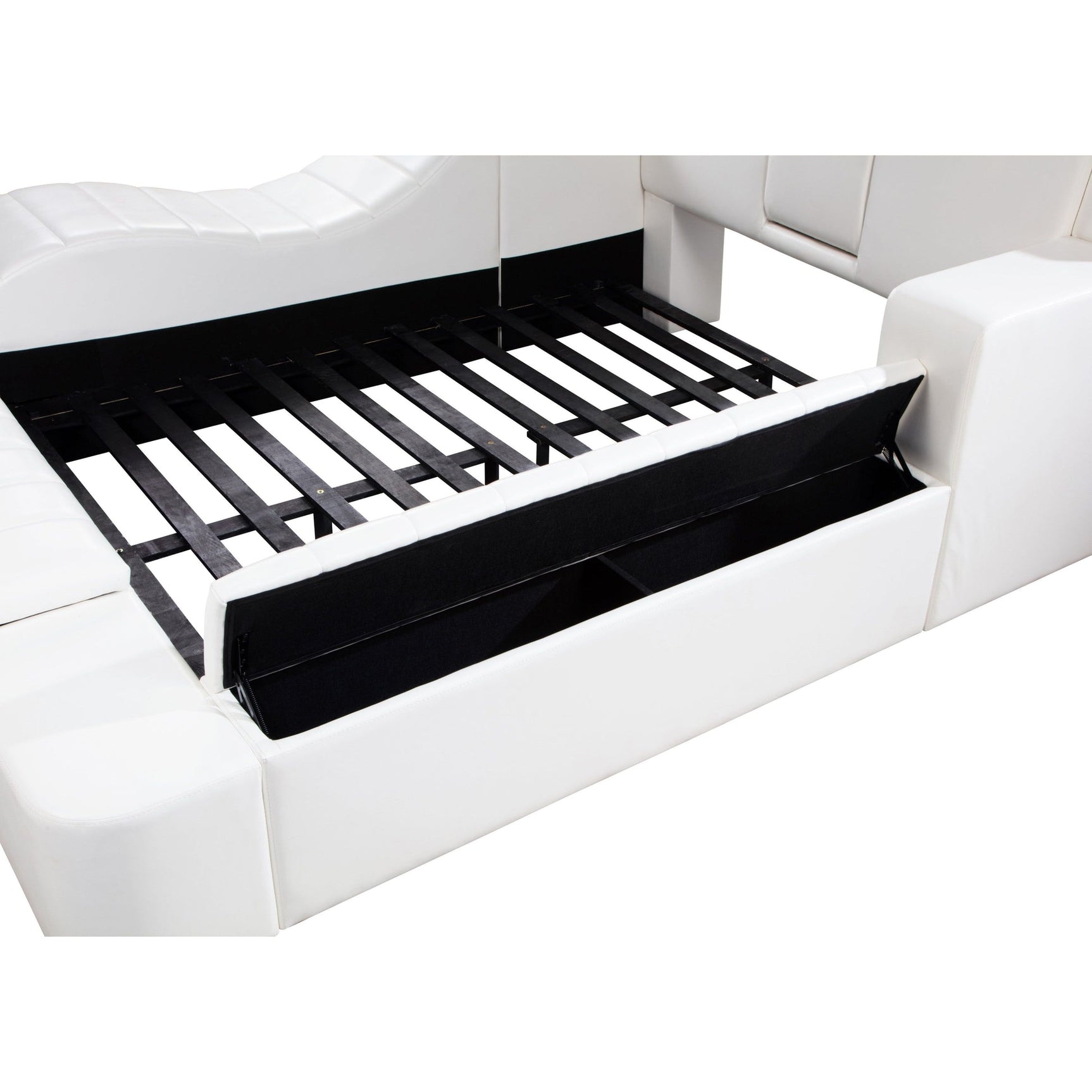 Apollo White Upholstered LED Storage Platform Queen Bed