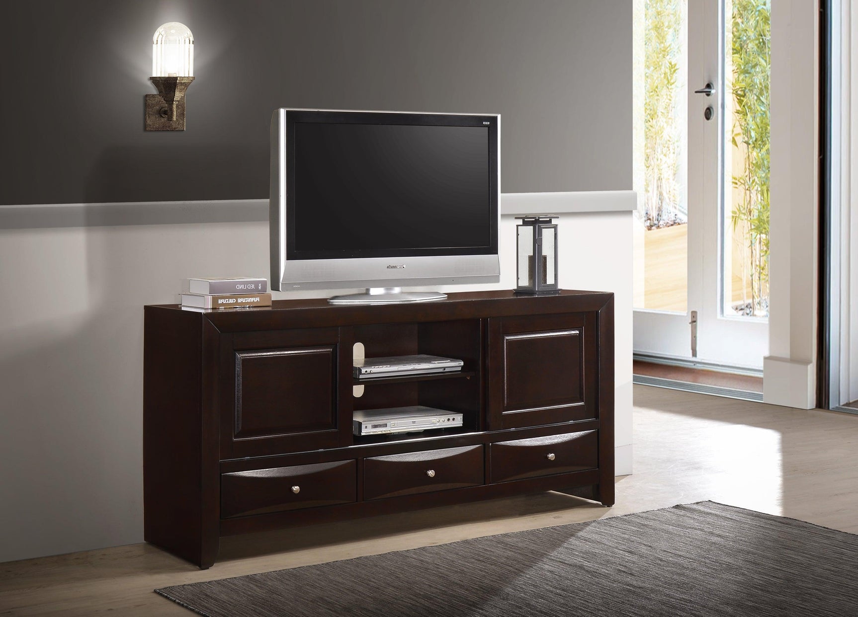 Emily Tv Stand Dark, Entertainment Cabinet, Media Console with Adjustable Shelves and Cable Management in Dark Finish - Ella Furniture