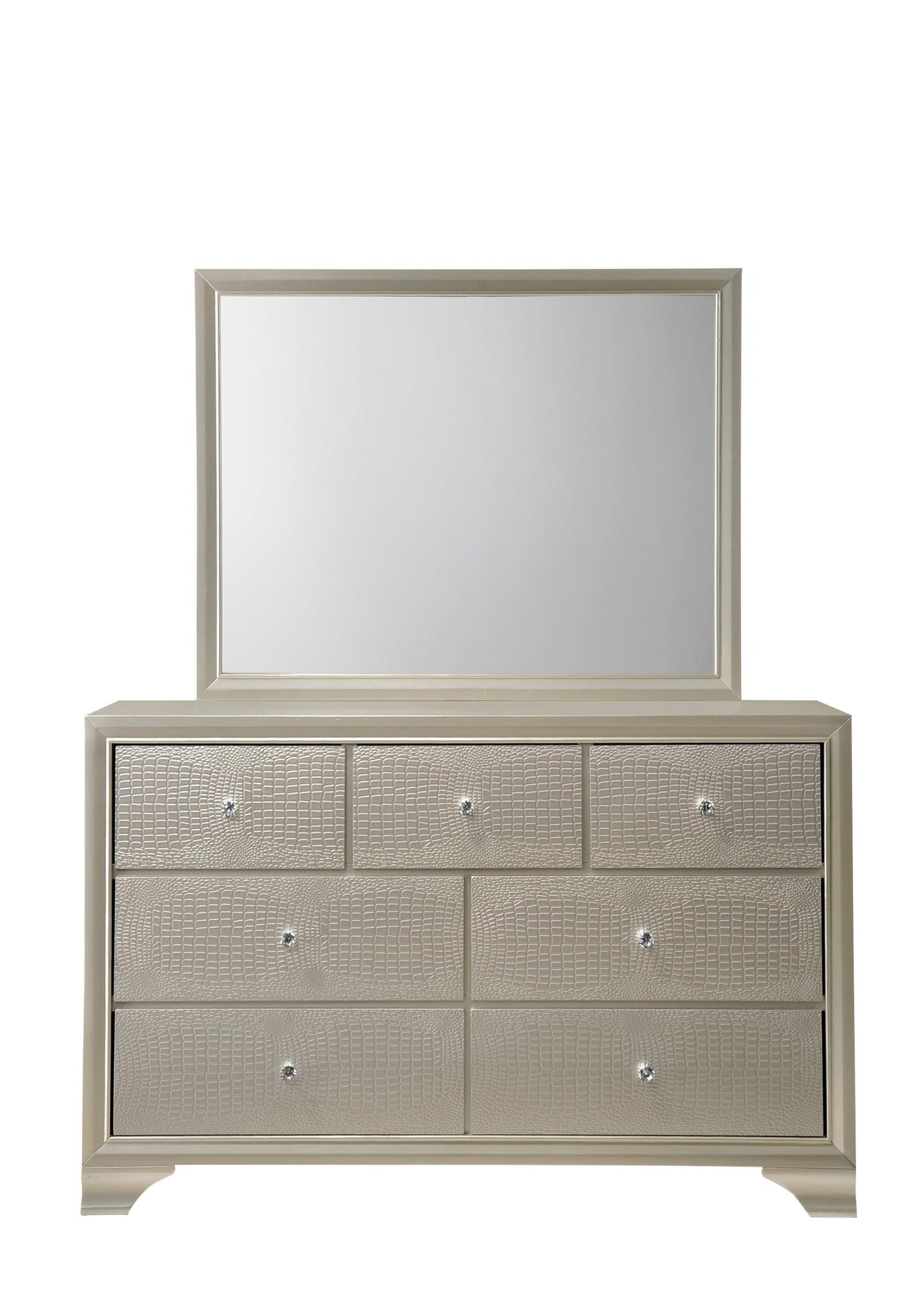 Lyssa Chest Champagne, Modern Faux Finish, Nickel Knob 5 Drawers - Ella Furniture