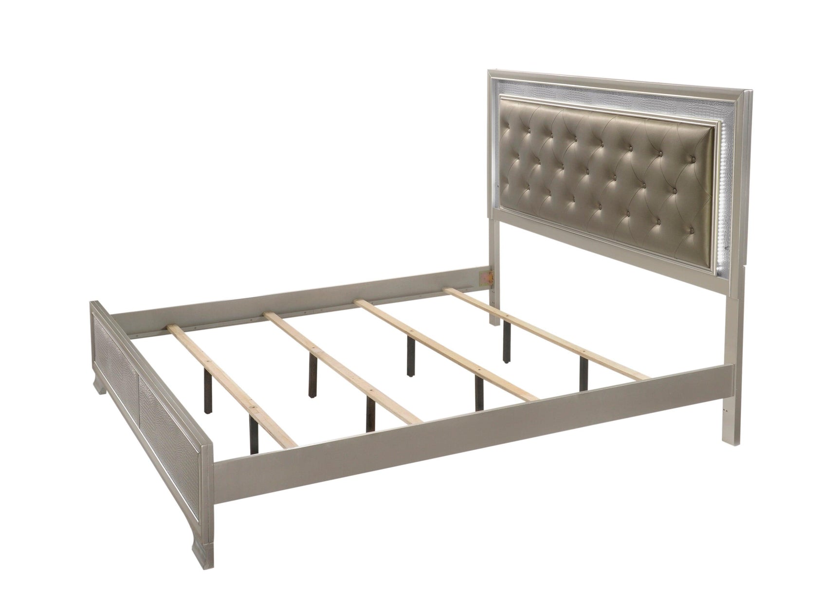 Lyssa Champagne Classic And Modern Queen LED Faux Leather Upholstered Tufted Panel Bed - Ella Furniture