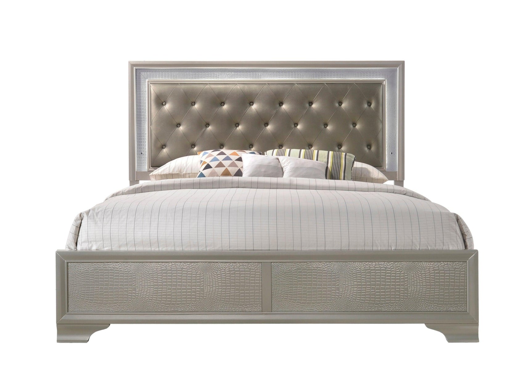 Lyssa Champagne Classic And Modern Queen LED Faux Leather Upholstered Tufted Panel Bed - Ella Furniture