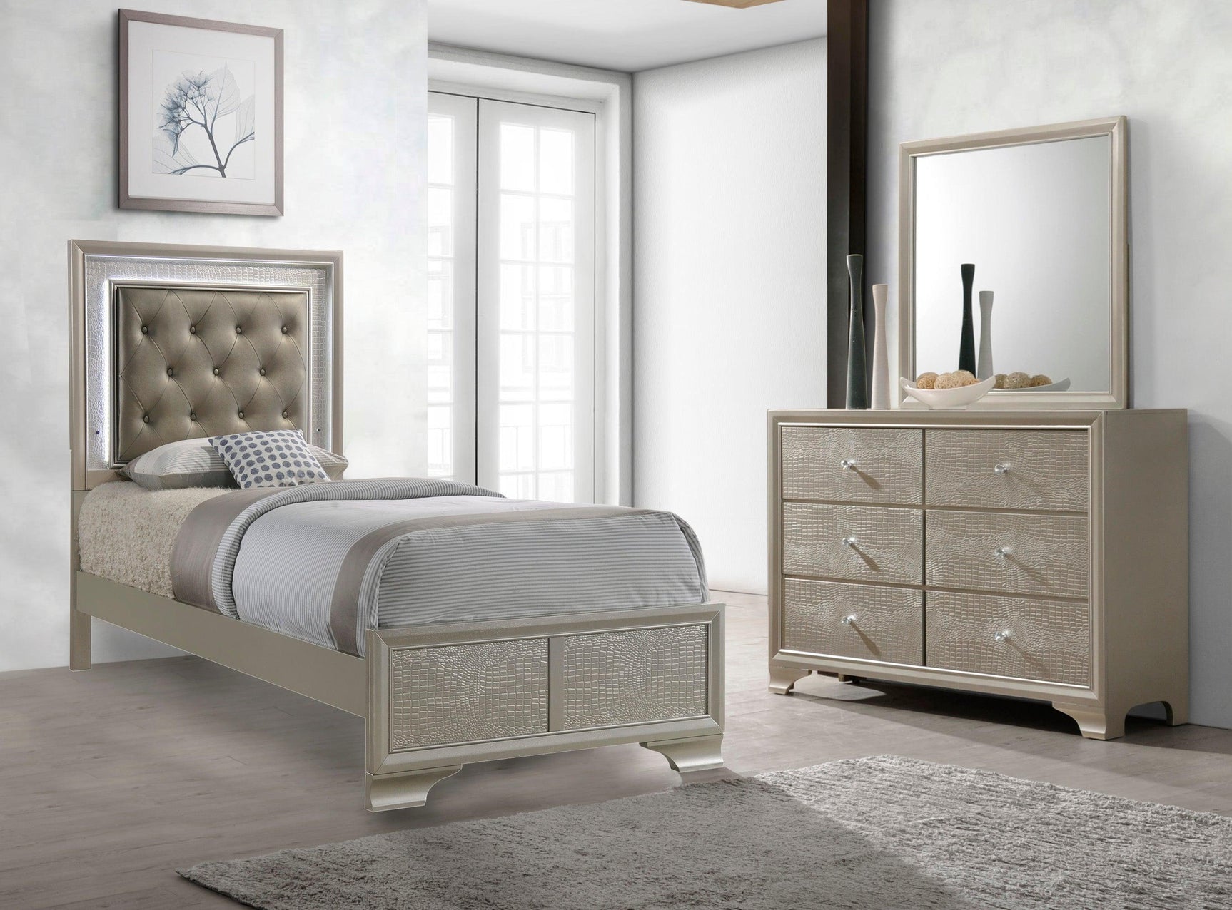 Lyssa Champagne Classic And Modern King LED Faux Leather Upholstered Tufted Panel Bed - Ella Furniture