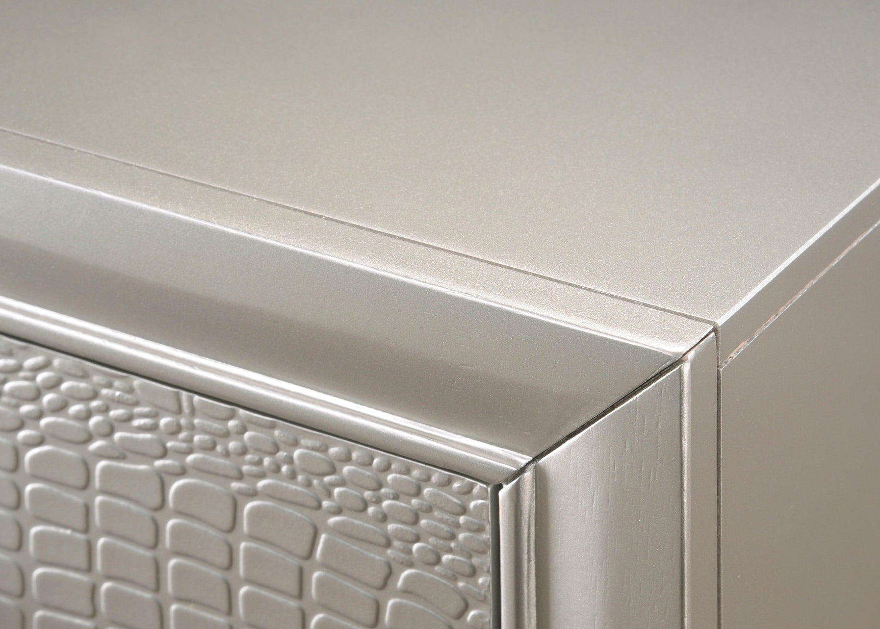 Lyssa Night Stand Champagne, Modern Faux Finish, Metal Drawers Glides - Ella Furniture